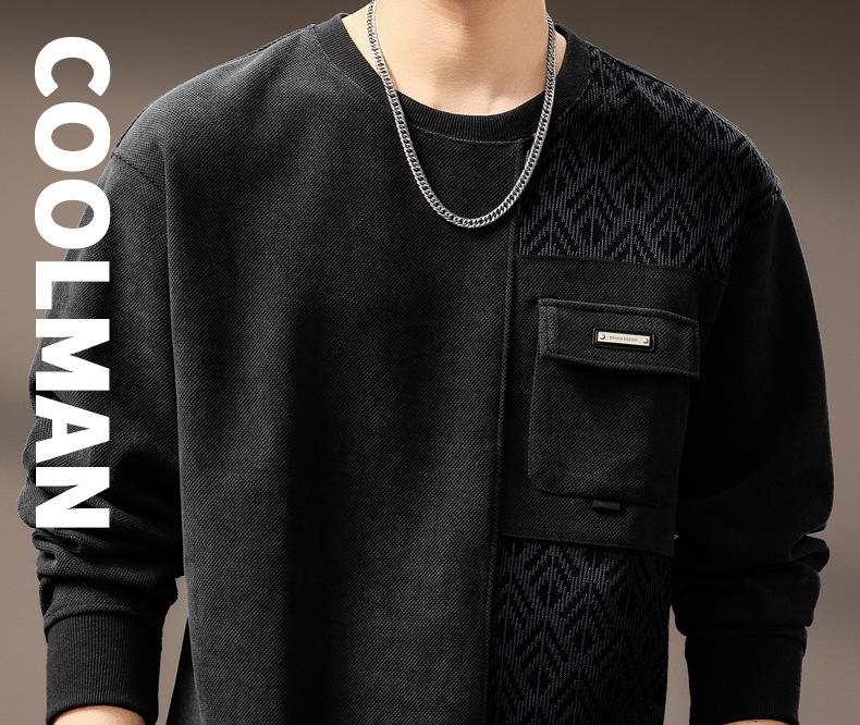 High-End Retro Jacquard Patchwork Raglan Sleeve Men's Sweatshirt - Autumn Heavyweight Trendy Round Neck Casual Top
