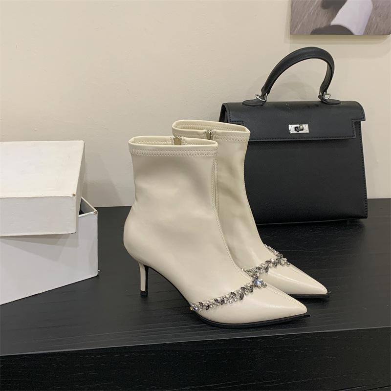 

Богатые корейские знаменитости Стразы Эластичные Узкие Сапоги Женские Остроносые Тонкий Каблук Короткие Сапоги Высокий Каблук Узкие Боковая Молния 39 белый
