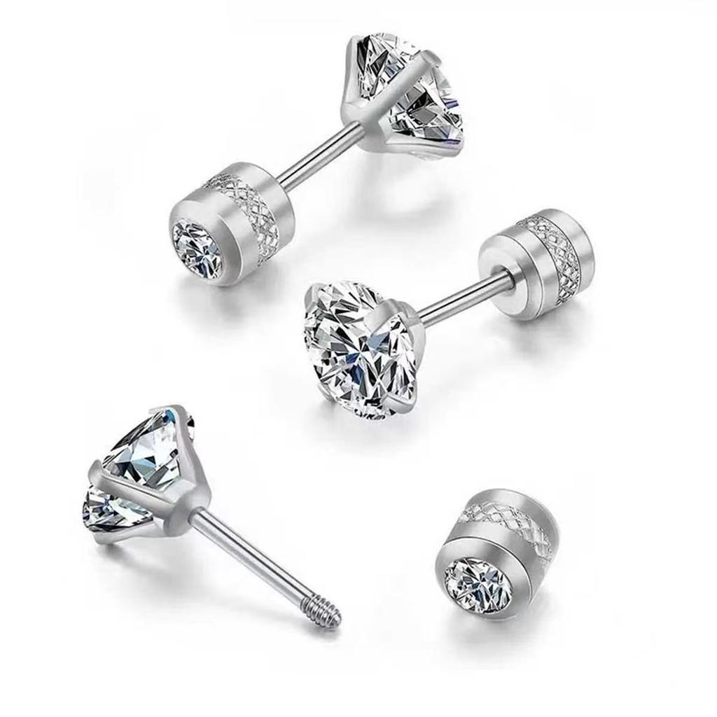 Double Sided CZ Screw Back Stud Earrings Round Clear Zircon Silver‑Tone Men Women Ear Piercing Jewelry