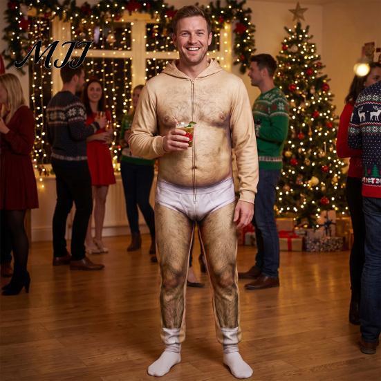 Relaxed Fit Rompers Funny 3D Dad Bod Onesie for Men, Ugly Halloween One-Piece Romper Soft Loungewear Men with Hood, Zip Up Long Sleeve Jumpsuit,