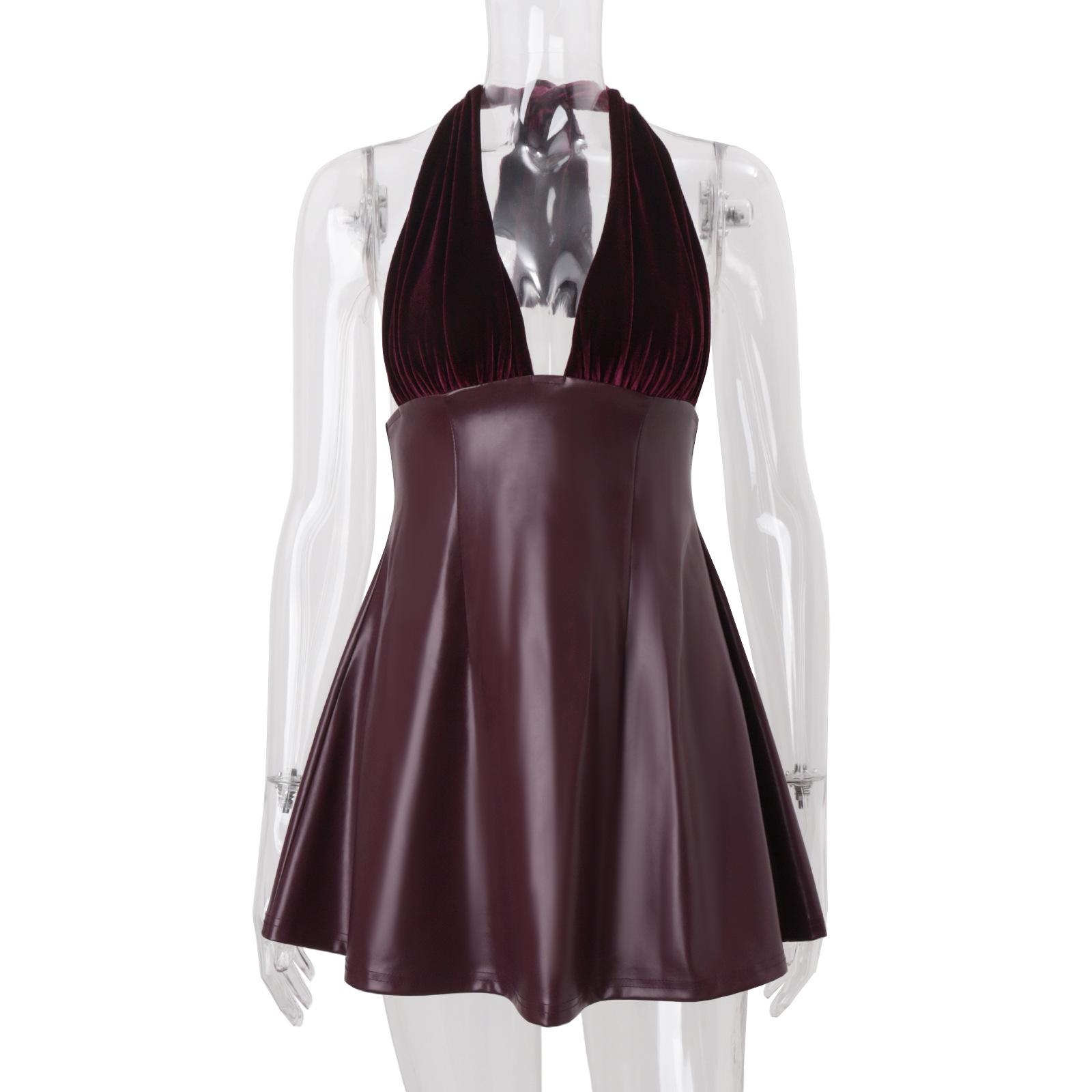 Women s autumn new sexy V-neck low-cut neck halter pu leather splicing temperament dress S красный