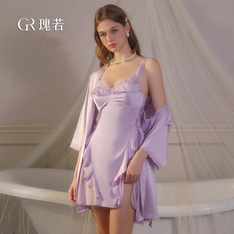 Women's Plus Size Satin Deep V Padded Backless Sleep Dress with Robe Lounge Set