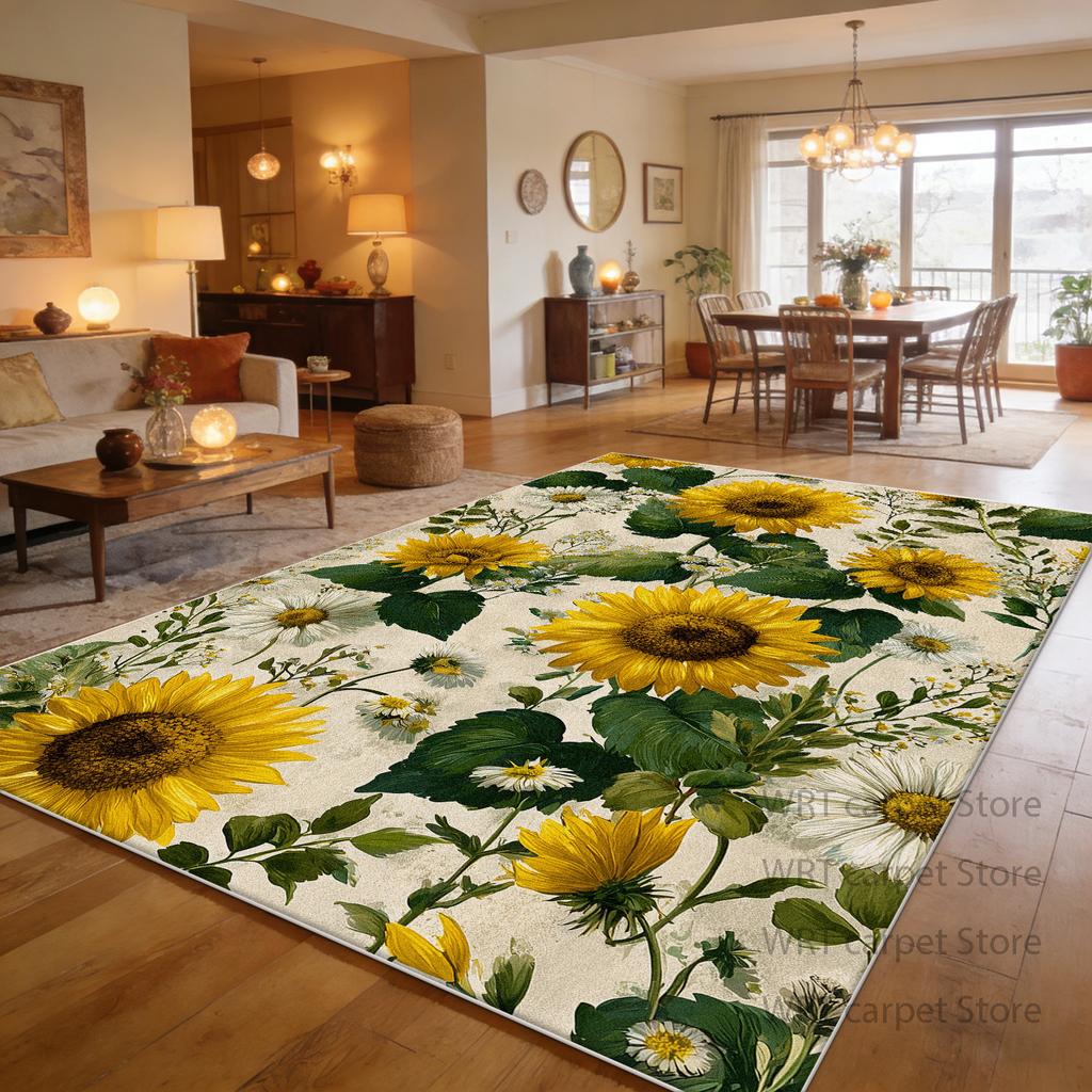 Tappeto Grande Stile Pastorale con Motivo Girasoli per Soggiorno Decorazione Piante Tappeti per Area Divano Casa Tappetino Soffice Lavabile per Giardino