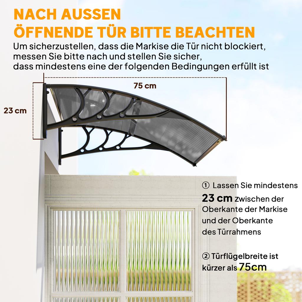 Front Door Canopy Outdoor Awning Aluminium Rigid Plastic Polycarbonate Rain Shelter UV Water Rain Resistant 100 X 75cm Black