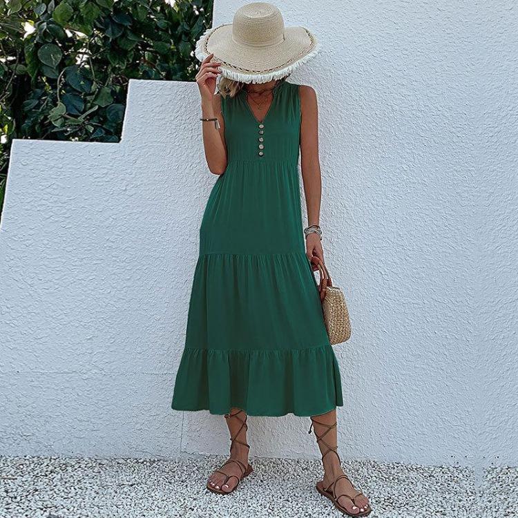 Summer Women Dress Sleeveless V Neck A-Line Knee-Length Solid Color