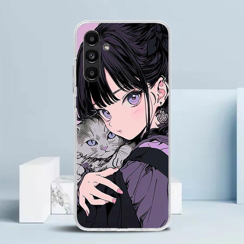 Anime Girls Cute Black Cat Phone Case For Samsung Galaxy A17 A37 A57 A16 A15 A14 A13 A56 A55 A54 A53 A36 A35 A34 A33 A26 A25 A24