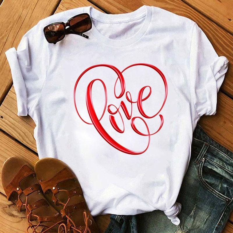 Summer Love Love Printed Fashion Cartoon White Loose Round Neck Pure Cotton Short Sleeved Top T-Shirts Women’s