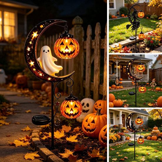 Decorative Metal Yard Stakes Solar Halloween Garden Stake Light, Auto On/Off Crescent Moon Black Cat with Hanging Waterproof Wrought Iron