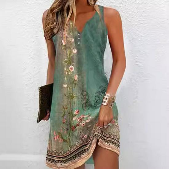 European and American Women's Floral Button A-line V-neck Sleeveless Dress, 2024 Fashion Trend.