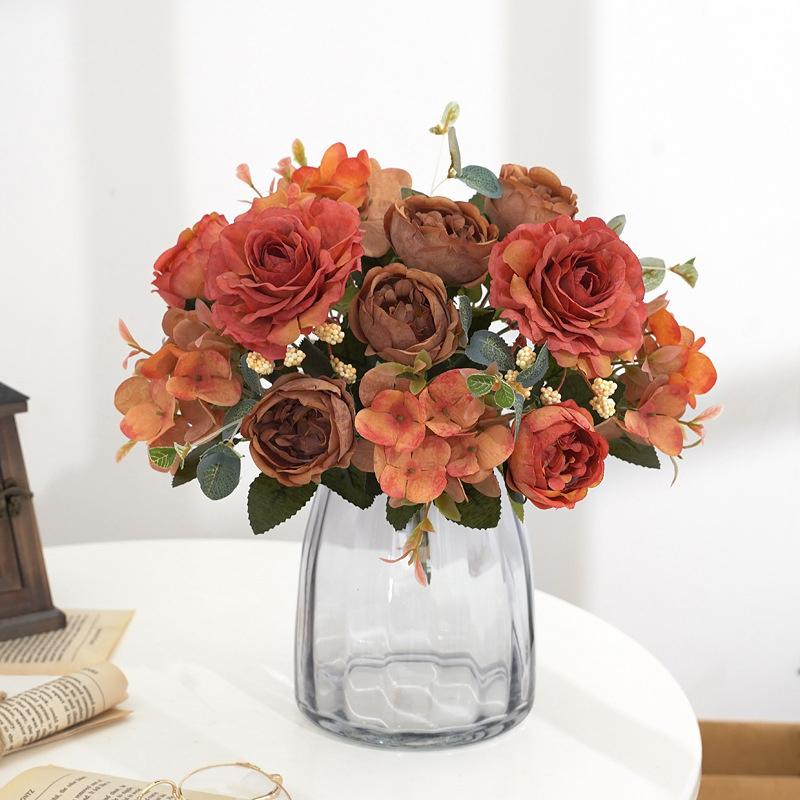 Artificial Flowers Retro Silk Rose Bouquet Hydrangea Peony Vintage Bride Holding Fake Plants Home Wedding Decoration Accessories