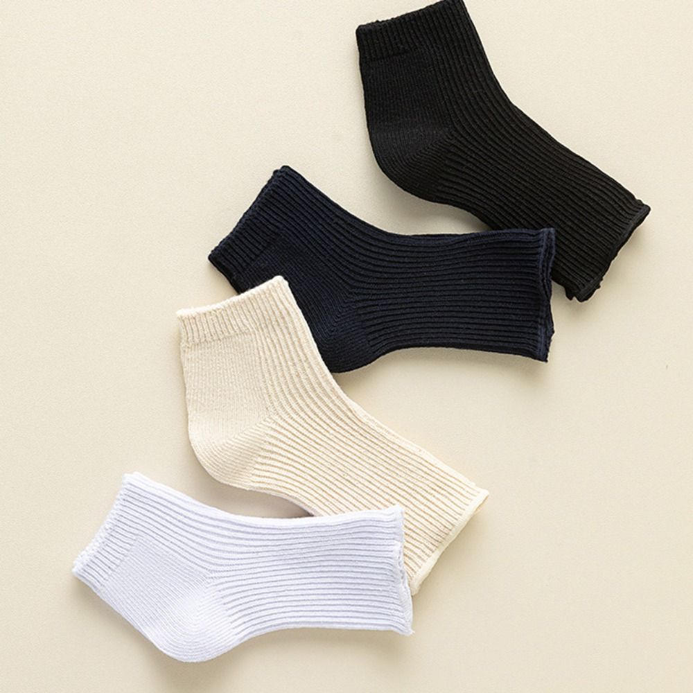 

3Pairs Solid Color Short Tube Socks Simple Mid-calf Socks Women Soft Bare Toe Socks Lady Beige&Navy Blue&White