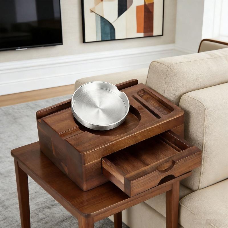 Wooden Phone Holder and Tablet Stand Set Including Accessory Storage Drawer and Detachable Ashtray for Home Office