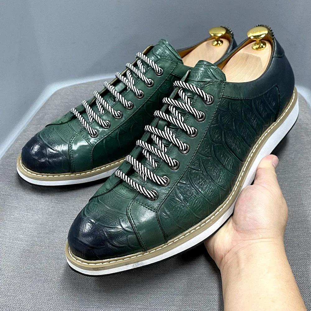 Fashion Classic Mens Casual Shoes Genuine Leather Lace-Up Fashion Sneakers Luxury Brand Alligator Print Street Travel Flat Shoes for Men
