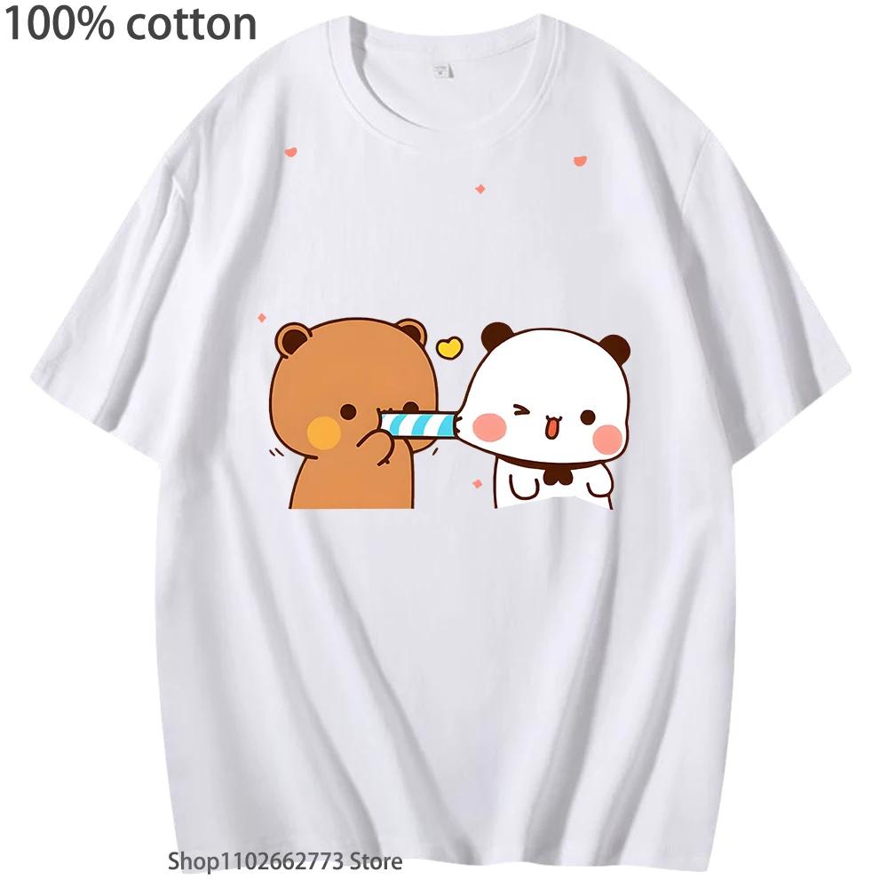 Damska Koszulka Kawaii Bubu Dudu Koszulka Miłość Uroczy Niedźwiedź i Panda Ubrania Koreańskie Góry Krótki Rękaw Bawełna Odzież Męska