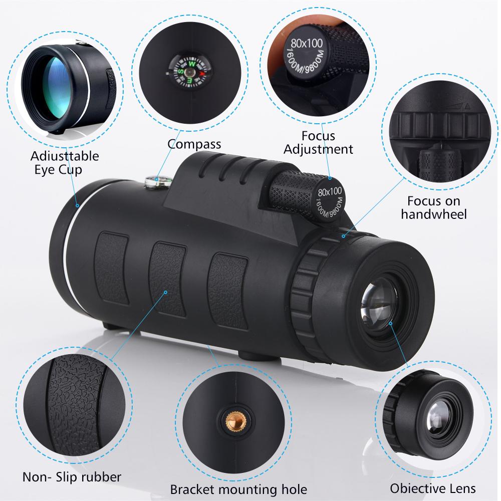 80x100 HD ZOOM Powerful Monocular Telescope Outdoor Portable Long Range Waterproof Camping Telescope with Aluminium Alloy Tripod