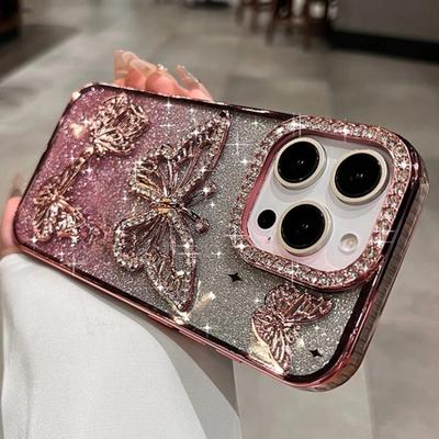 Für iPhone 17 16 Pro Max Luxus Flash Glitzer Schmetterling Beschichtung Rahmen Handyhülle Für iPhone 11 12 13 14 15 Plus 16 Pro Strass Abdeckung