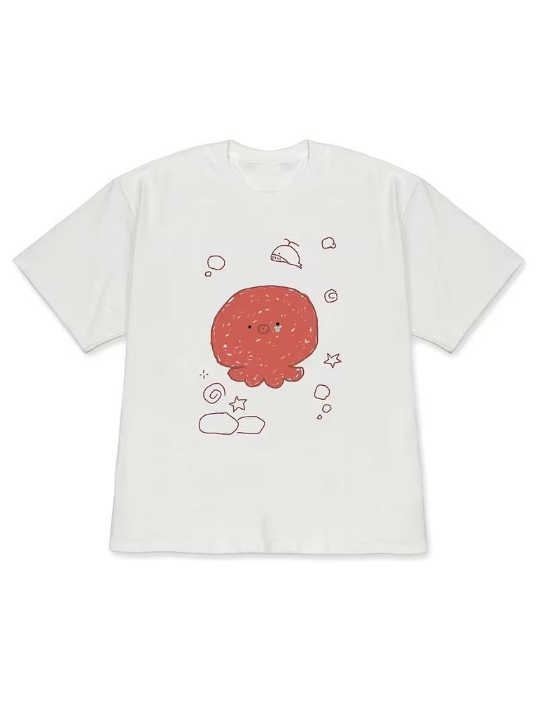 Cute Marine Animals Graphic Tee Kawaii Ocean Cartoon Print Short Sleeve Shirt Loose Fit Y2K Style Ideal For Summer Beach Vacation Streetwear