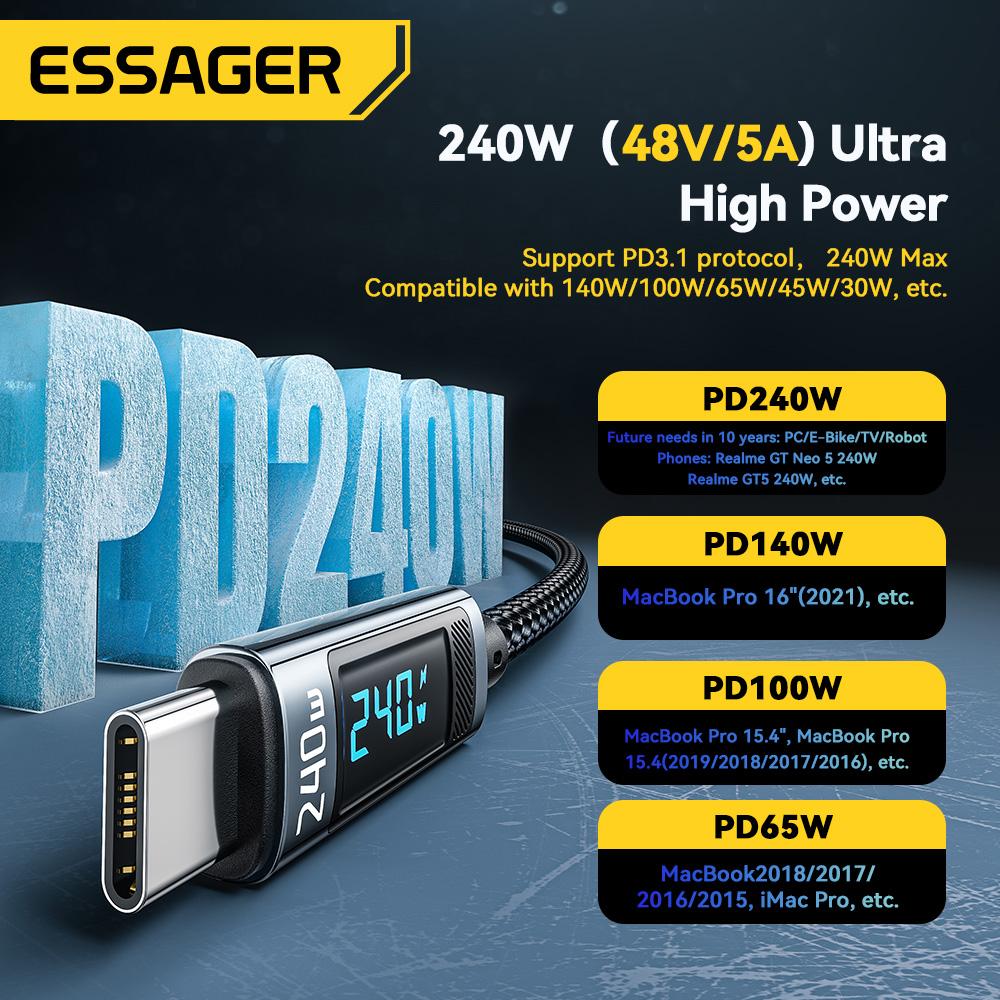 Essager 240W USB Type C To USB C Cable 100W PD 3.1 Fast Charging Charger Wire For Macbook Pro Samsung Laptop USBC Cord 2M