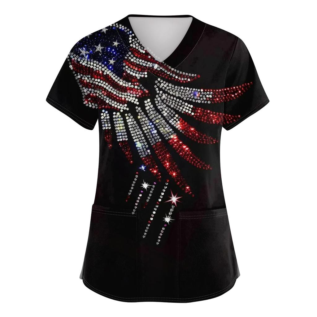 Women's V-neck Independence Day Print Short-sleeved Pocket Side-opening Protective Work Shirt