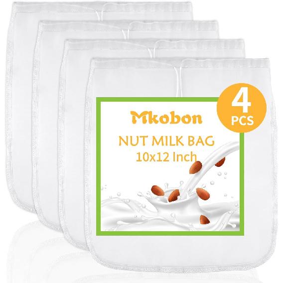 4 Pcs 12"x12" Nut Milk Bag, Fine Mesh Nylon Cheese Cloth Bag for Straining, Reble Strainer Bags for Almond Milk, Yogurt, Juice, Cheese Making, Cold