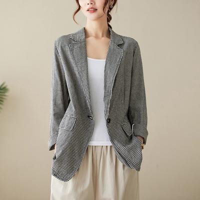 Cotton Linen Plaid Blazer Jackets Artistic Autumn Women Coat Pocket Retro Jacket Suit Vintage Lapel Collar Thin Blazers Jacket