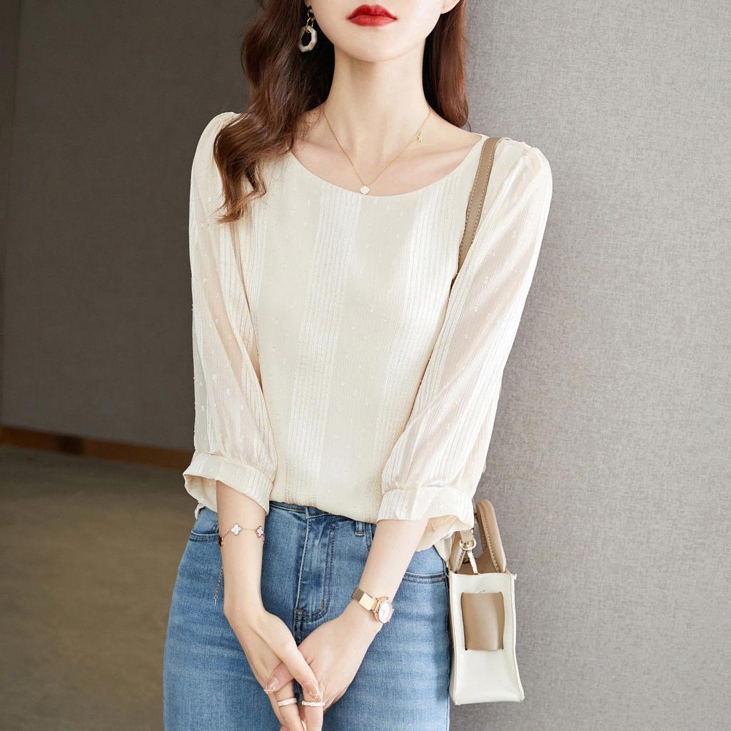 Round Neck Three Quarter Summer Women's Pullover Solid Color Paisley Sweet T-shirt Casual Loose Elegant Fashion All-match Tops