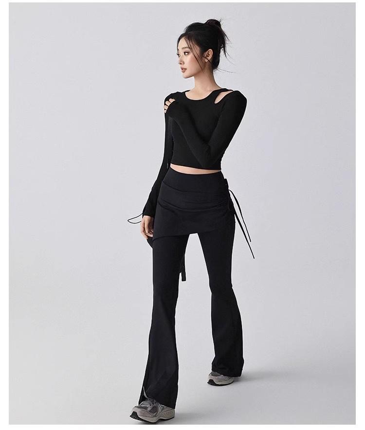 Women's High Waist Slim Fit Flared Yoga Pants - Faux Two-Piece Style with Side Drawstring for Hip Coverage