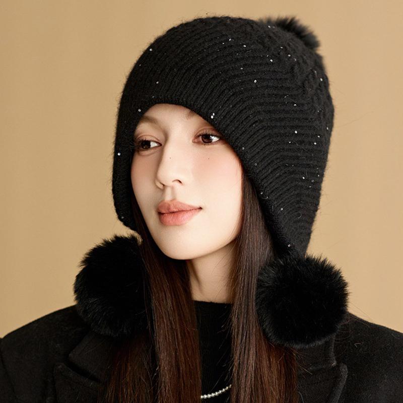 Căciulă Tricotată cu Bor Larg, Catifea Groasă, Trei Ciucuri de Blană, Căciulă Caldă