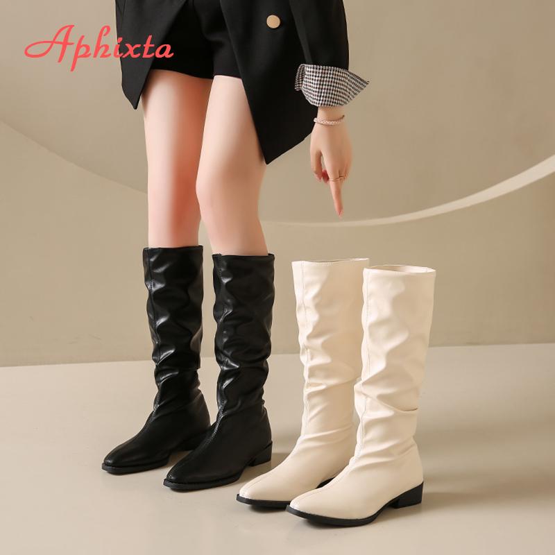 Aphixta Luxury Leather Women Ankle Boots Black Mid-Calf Modern Boots 3.5cm Square Heel Shoes Woman Boats botines para mujeres