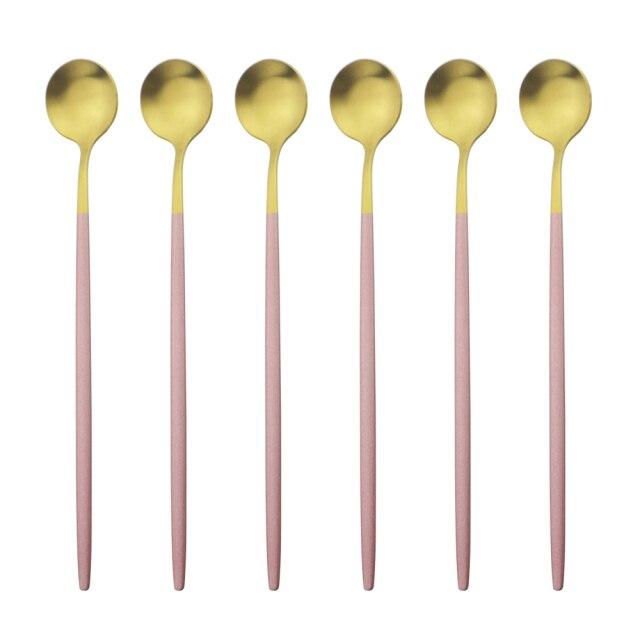 6Pcs/Set Black Long Handle Cutlery Matte Stainless Steel Spoons Polished Stirring Drink Ice Cream Dessert Tea Spoons Dinnerware