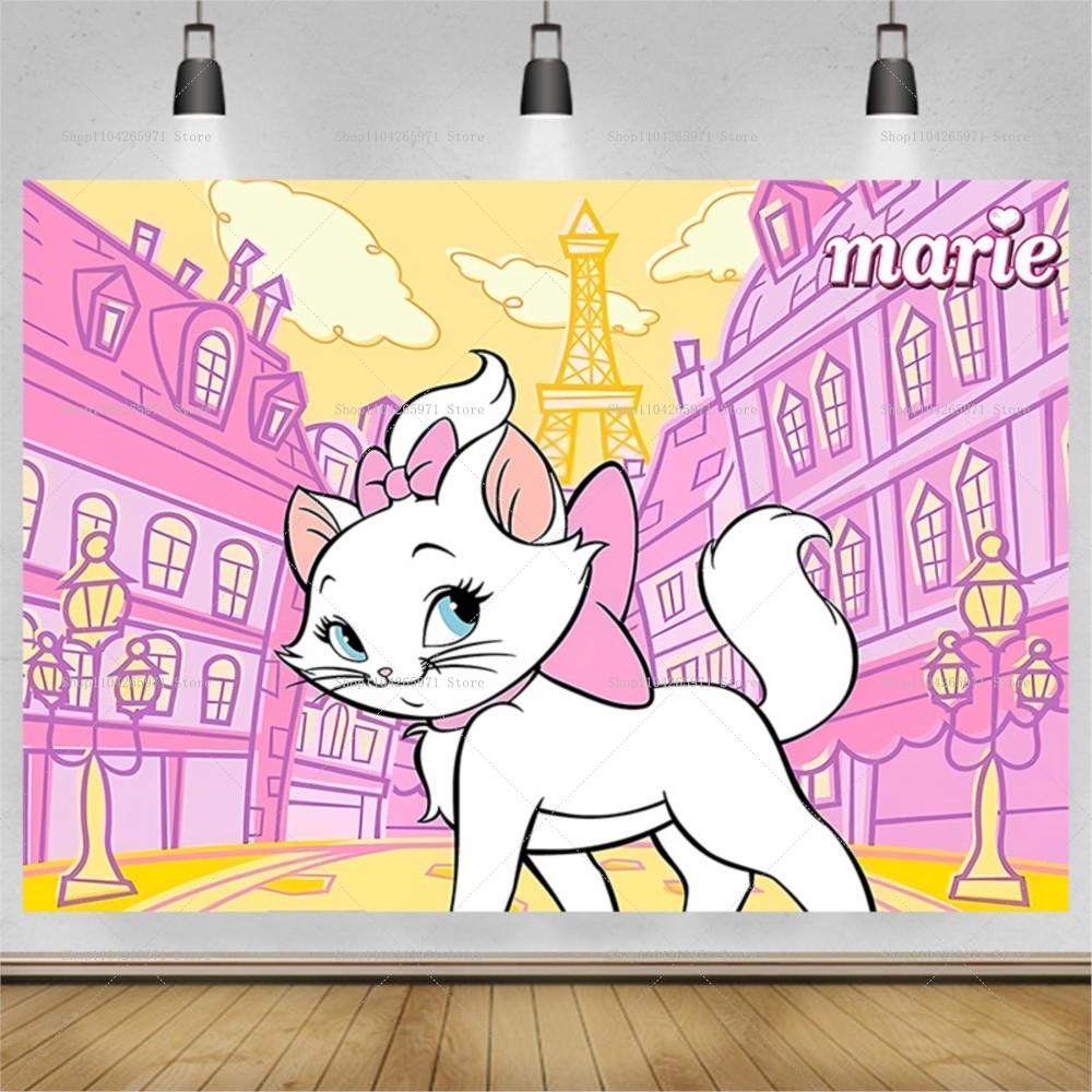 Beautiful cat Marie birthday background poster, cartoon white cat theme for girls birthday party decorations, photo background accessories.