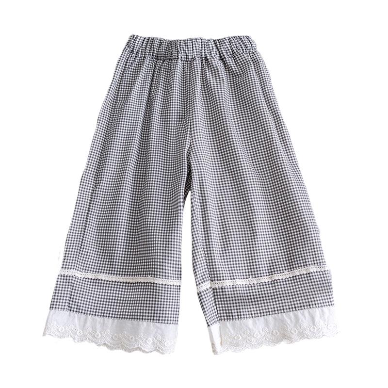 2025 Fashionable Plaid Girls' Mosquito-Proof Lace Trim Pants: Spring/Summer/Autumn Casual Straight Leg