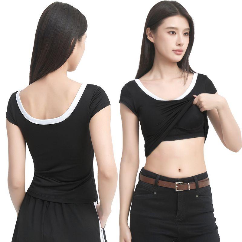 

Fitness Clothing Women s Summer Fancy Quick-Drying T-shirt Training One-Piece Cup Yoga Clothes Chest Pad Can Be Outerwear T-shirt Short Sleeve W616 Black (one cup) 2XL