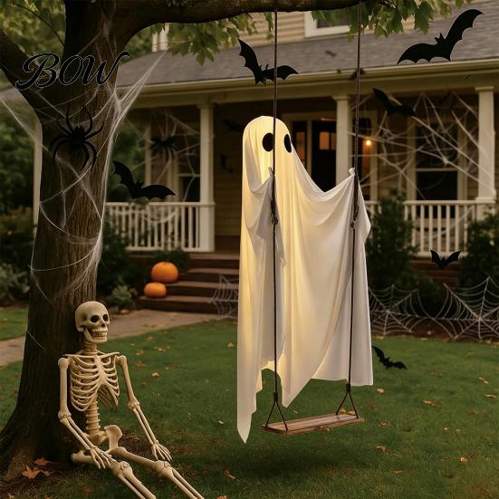 Lighted Halloween Porch Ornaments Hanging Ghost Swing Decor with String Lights, Glowing Floating Outdoor Spooky Party Ornament for Yard Tree, Holiday