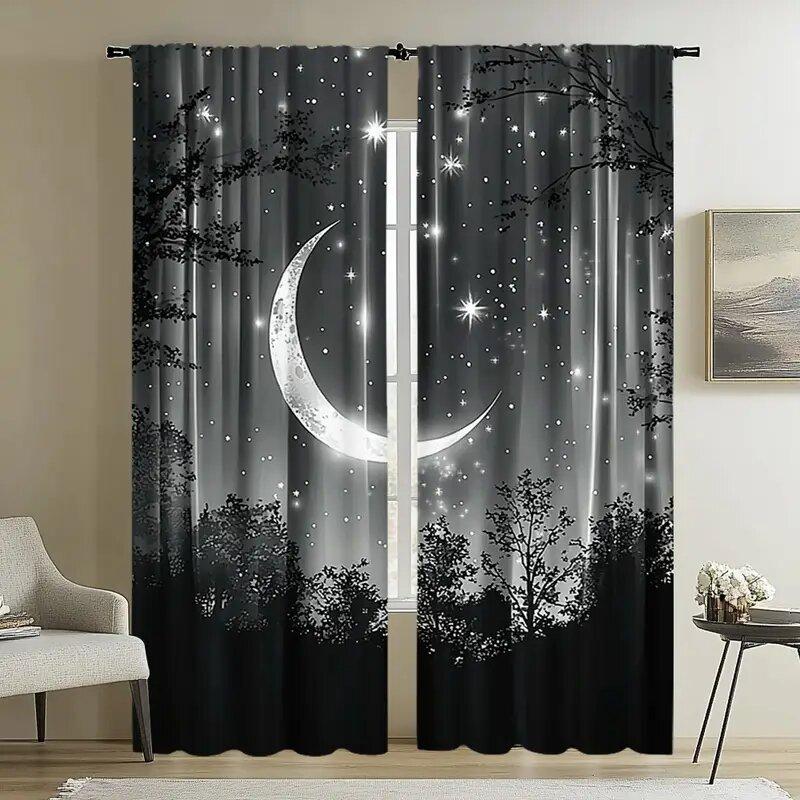 Starry Sky Moon Night Room Decorations Print Curtains Pole Bag Home Decoration Curtain Set Of 2 Made Polyester Washable