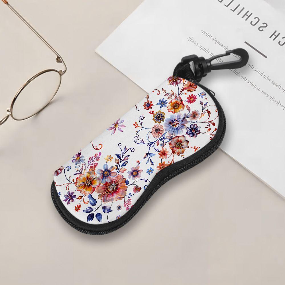 2D-Vintage Floral Print Zipper Sunglasses Case, Protective Eyewear Container with Artistic Flower Pattern, Portable Travel Accessory for Women Girls