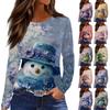 Women's Fashion Casual Slit Hem Round Neck Long Sleeve Loose Printed T-Shirt Ladies Top Christmas