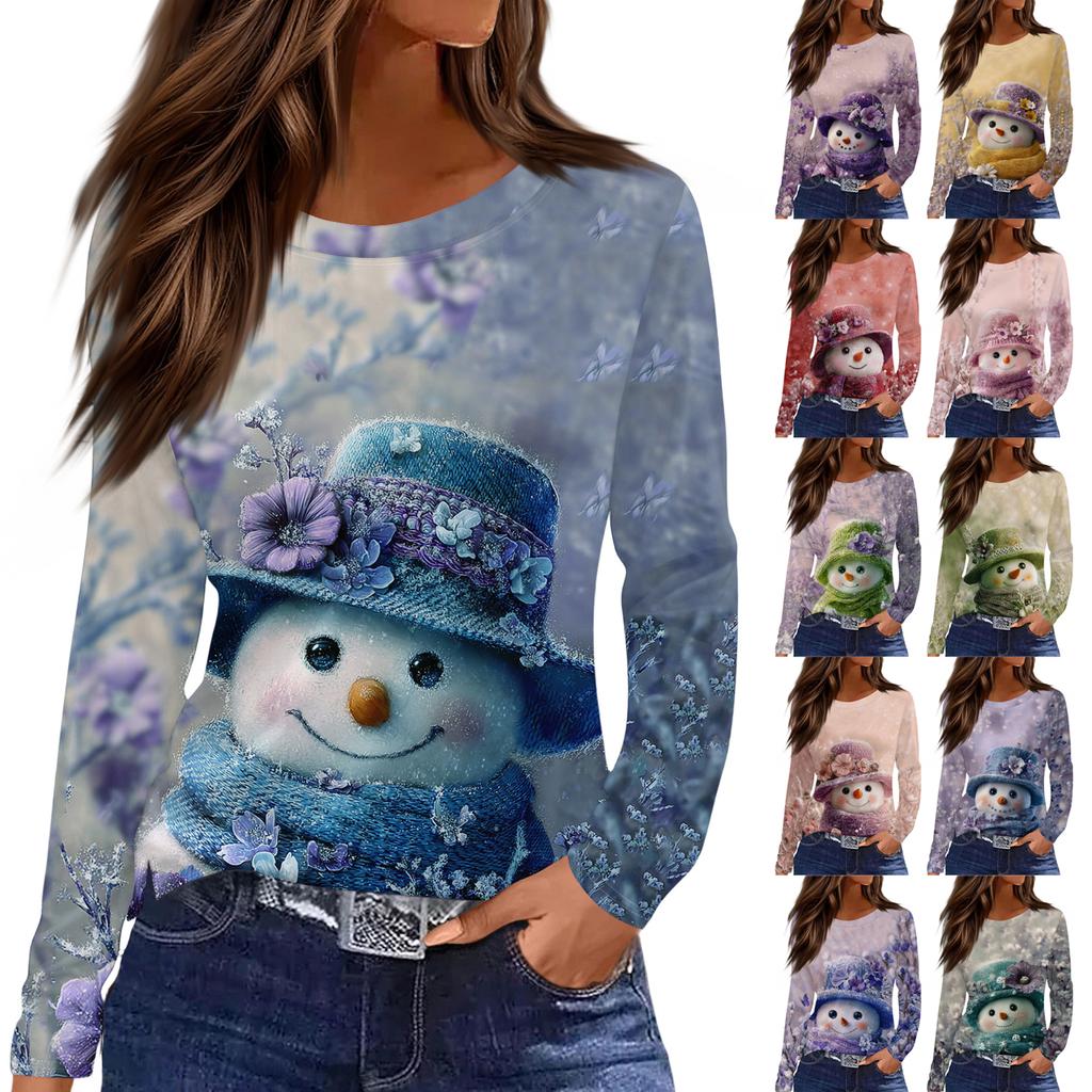 Women's Fashion Casual Slit Hem Round Neck Long Sleeve Loose Printed T-Shirt Ladies Top Christmas