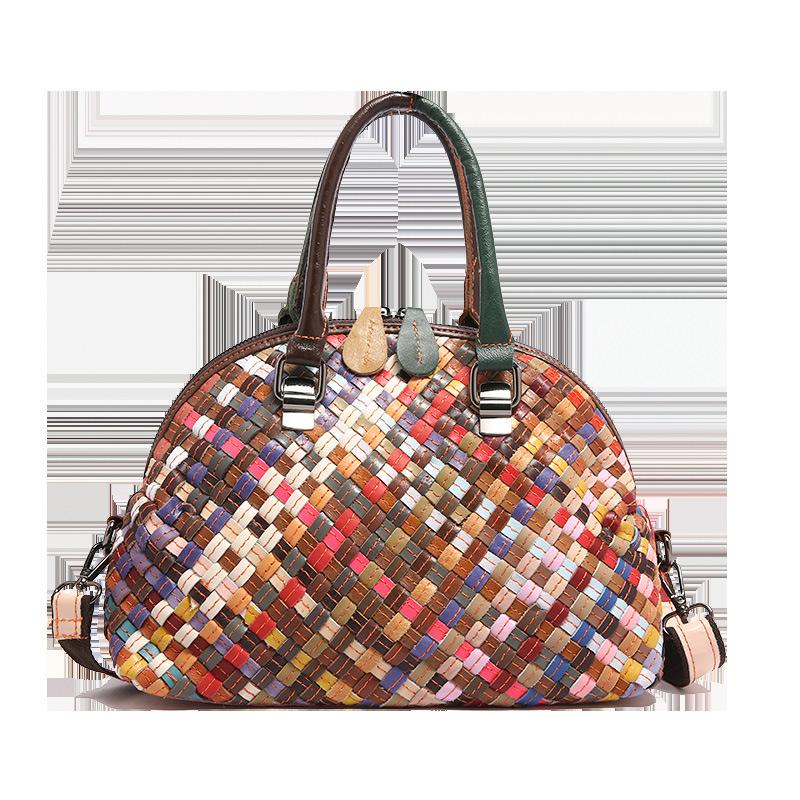 Barevná taška z pravé kůže, pletená, nový módní design, luxusní, vysoce kvalitní, pruhovaná, všestranná, taška ve tvaru mušle, dámská taška přes rameno, messenger taška