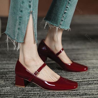 Mode Neue Damen Rote Schwarze Mary Janes Schuhe Leder Dick Mittelhoch Absatz Kleidschuhe Eckige Zehenpartie Flach Schnallenriemen Damen Pumps Schuhe