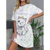 Ladies' Sweet Crown Cat Round Neck Pajamas, White Background Pink Polka Dot Fitted Long T-Shirt