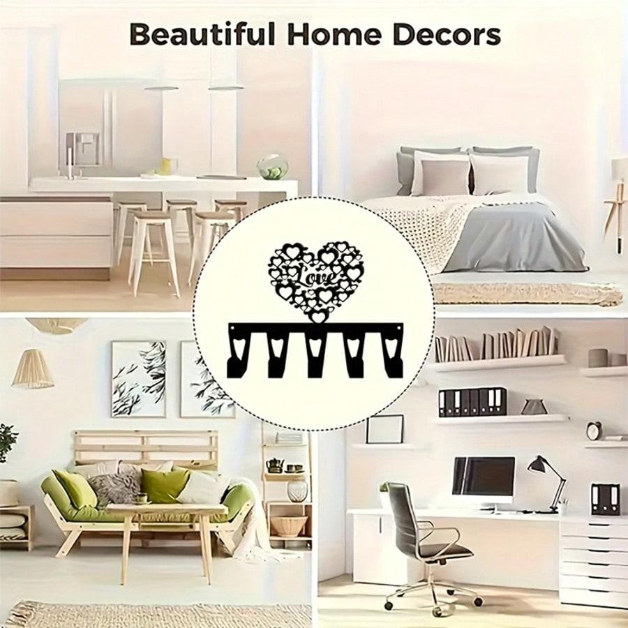 Vintage Heart Key Holder Metal Wall Decor 5 Hooks Forged Iron Entryway Gift