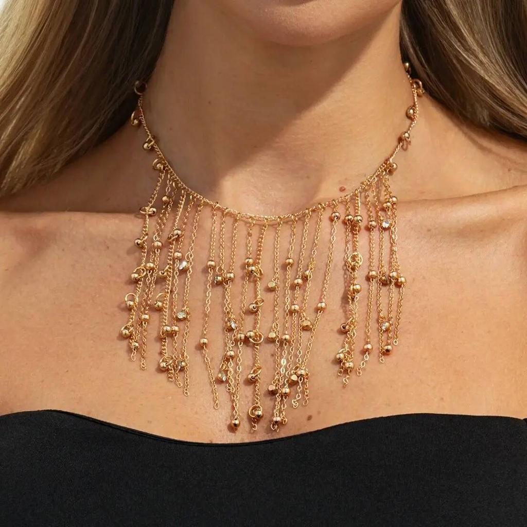 Salircon Fashion Creative Multi Layer Beaded Tassel Necklace Women Vintage Gold Color Clavicle Chain Party Jewelry Accessories