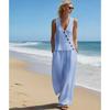 Womens Casual Sleeveless Button Top And Wide Leg Pants Two Piece Set