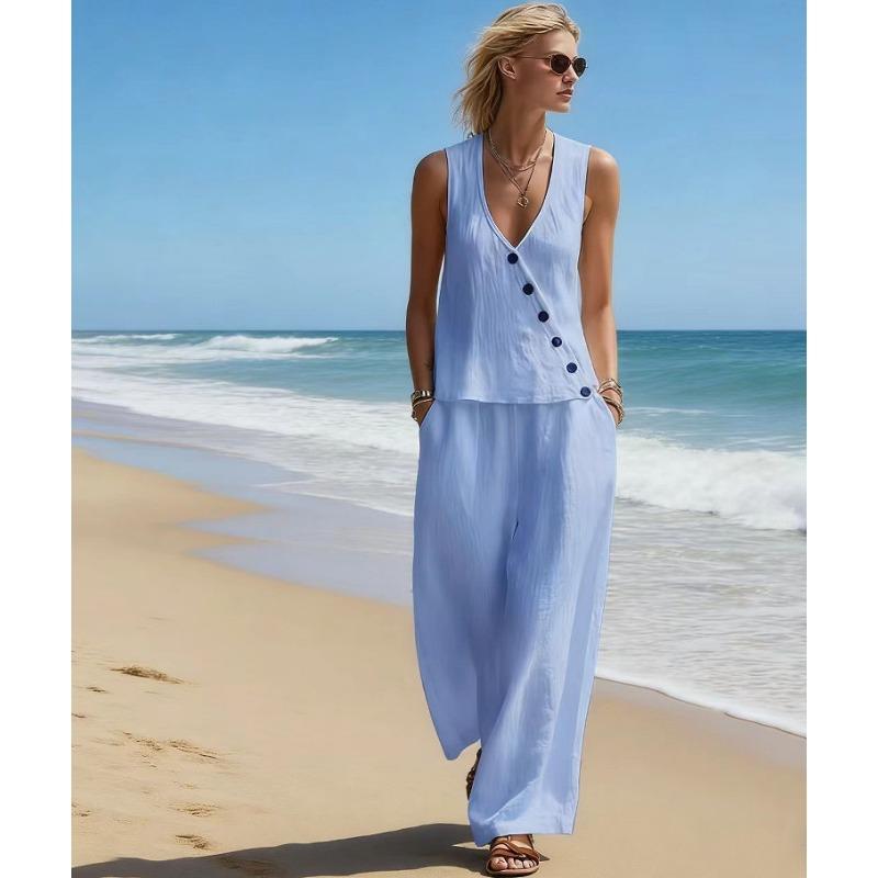 Womens Casual Sleeveless Button Top And Wide Leg Pants Two Piece Set