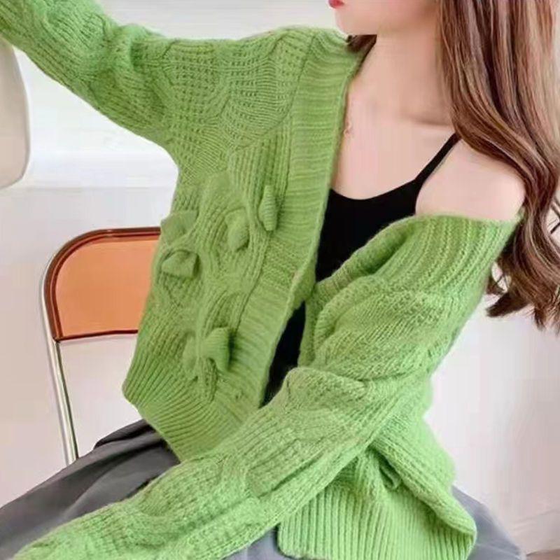 Spring Autumn Korean Style Knitted Cardigan for Women Bowknot Short V-neck Cute Loose Sweater Sweet Coat