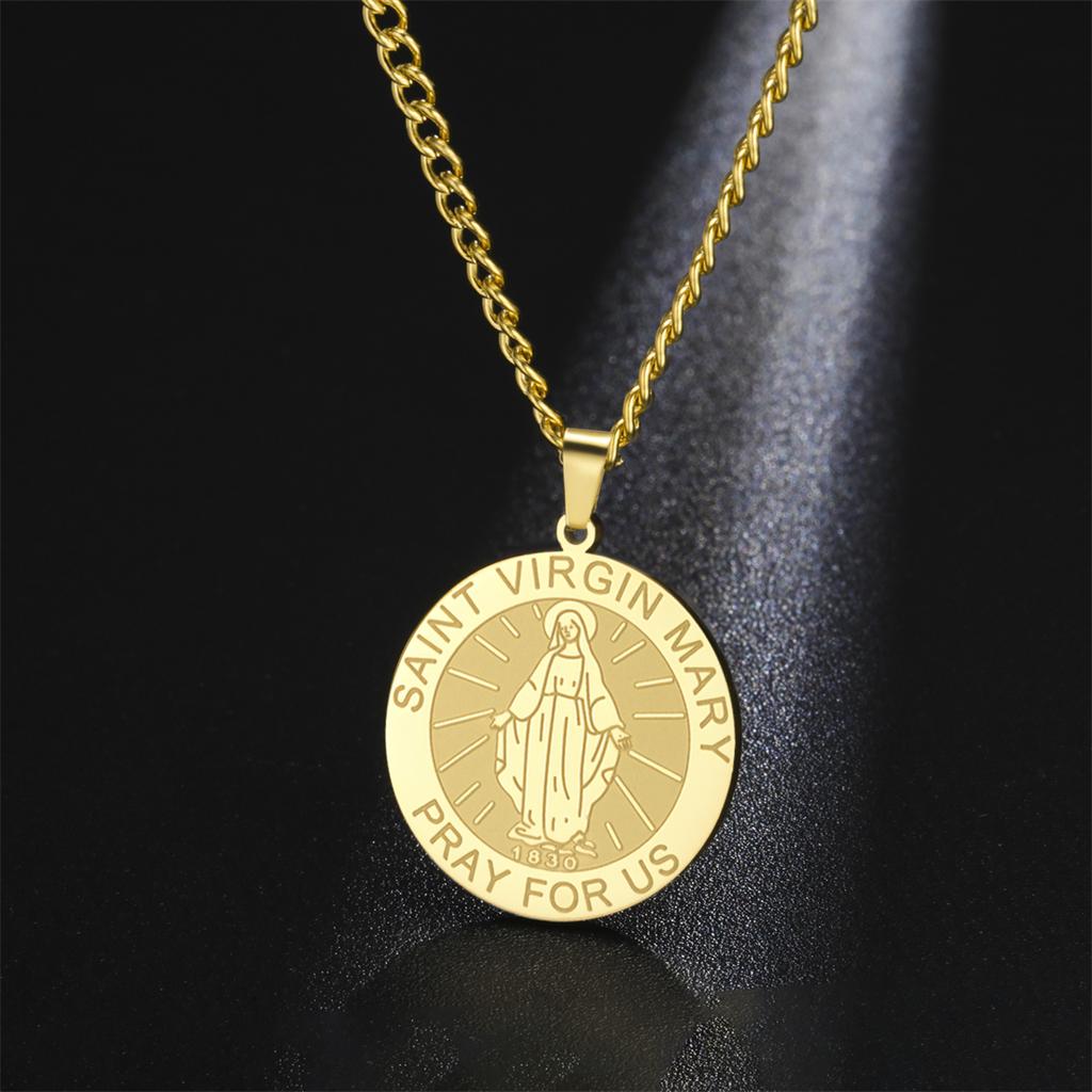 Virgin Mary Medal Necklace Stainless Steel Christian Believer Blessing Pendant Necklace Double Sided Amulet Jewelry Gift