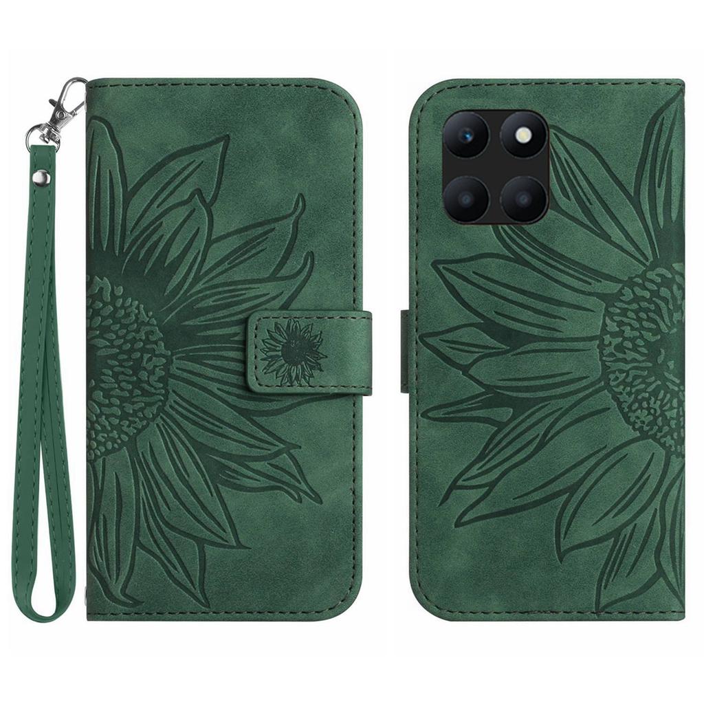 HT04 For Honor X8b 4G PU Leather Phone Case Wrist Strap Sunflower Pattern Cover
