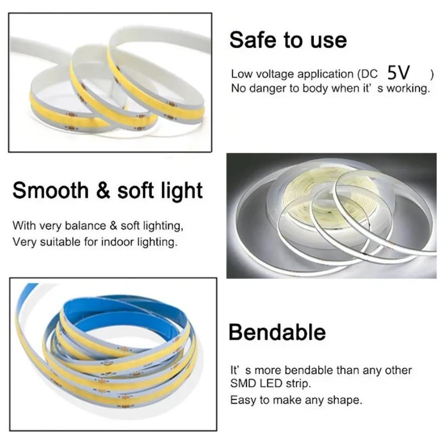 DC5V 320Leds/M USB COB Strip Room Decoration Cabinet Light Lamp TV Backlight Flexible Ribbon Rope LED Strip Warm Neutral Light