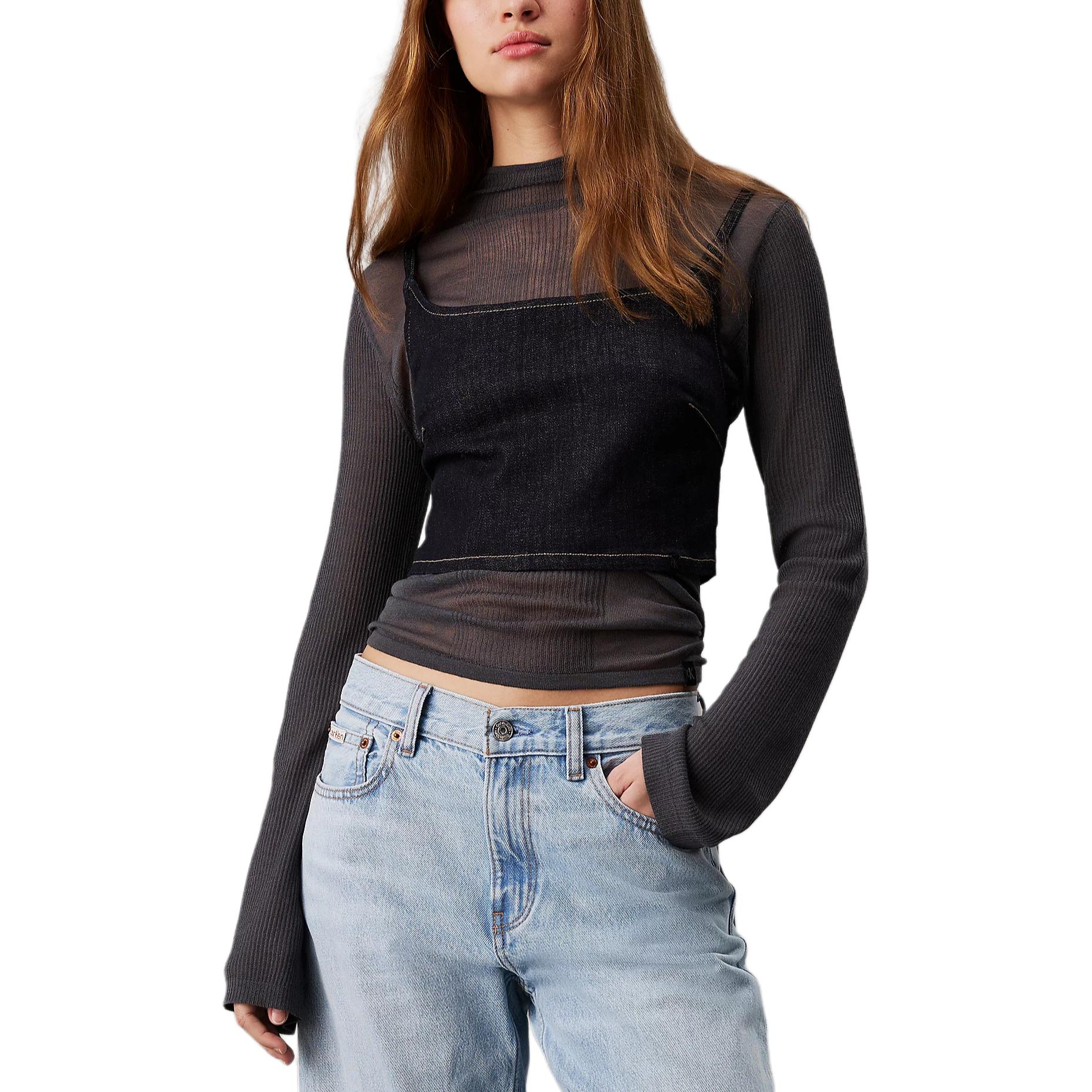 

Calvin Klein Soft Transparent Fitted Long Sleeve Knit Top Women tops Ebony J20J224300-BAN XS